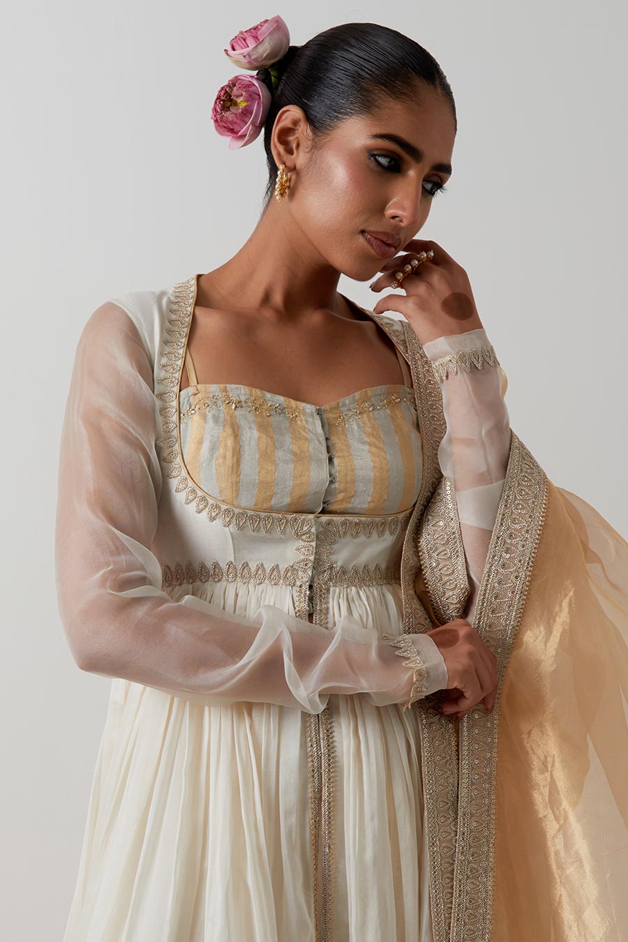 Ivory Embellished Chanderi Silk 4-Piece Anarkali Set