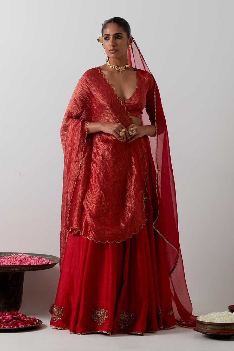Red Embroidered Chanderi & Zari Silk Lehenga Set