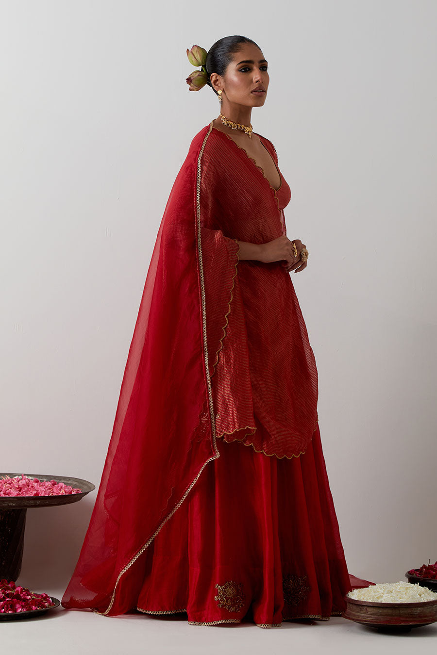 Red Embroidered Chanderi & Zari Silk Lehenga Set