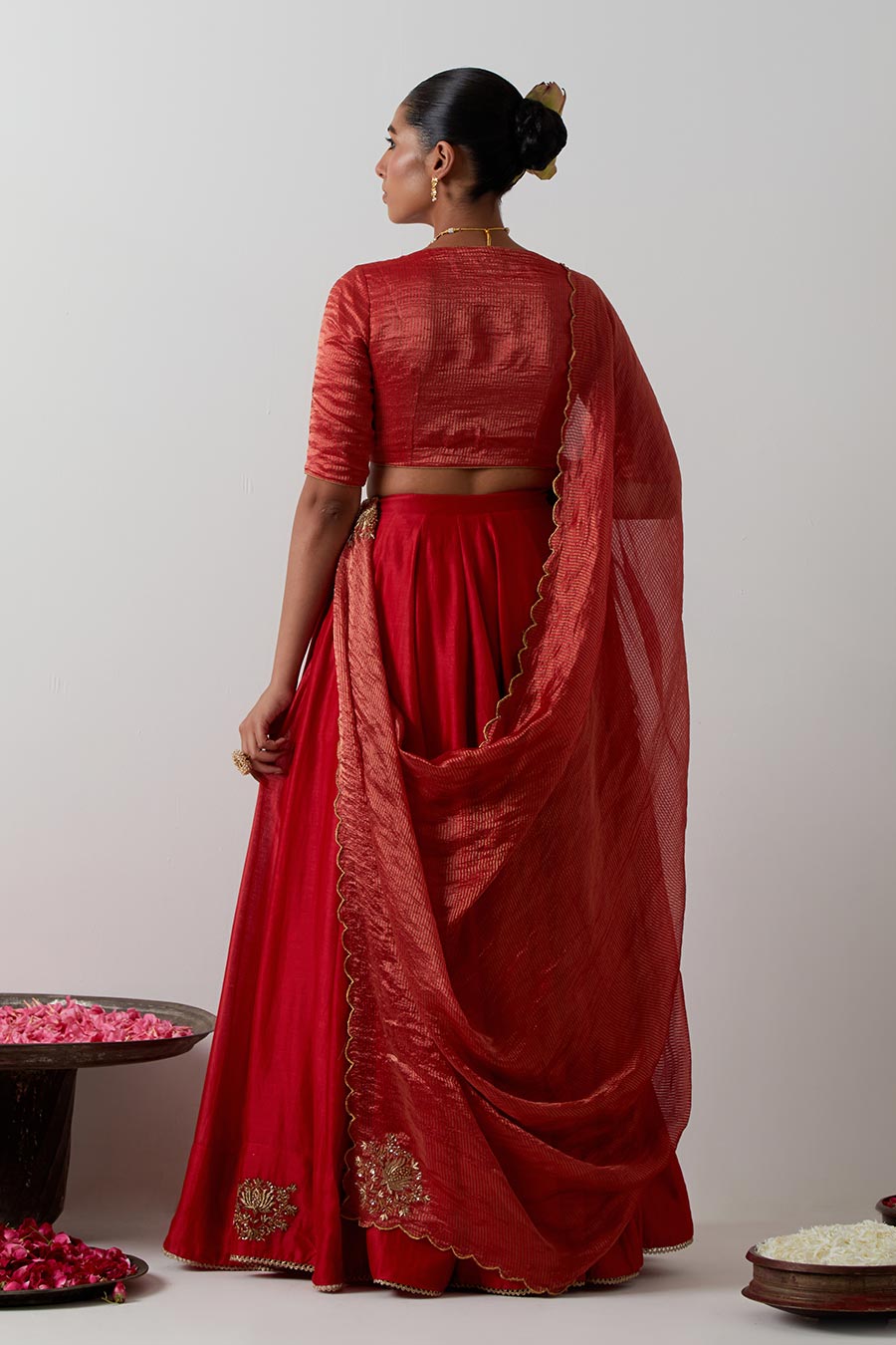 Red Embroidered Chanderi & Zari Silk Lehenga Set
