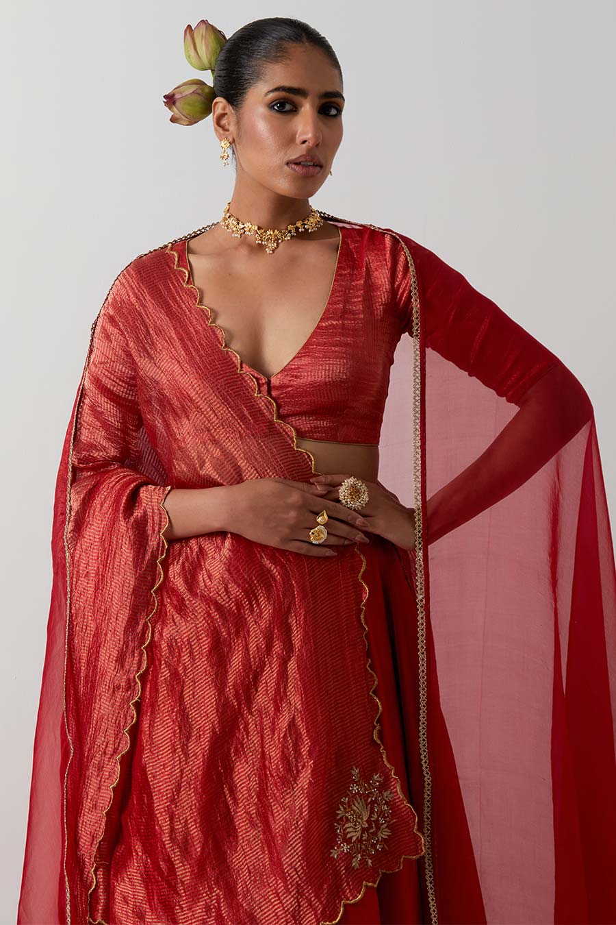 Red Embroidered Chanderi & Zari Silk Lehenga Set