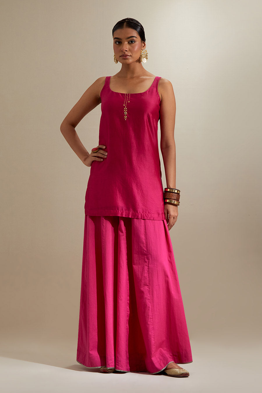 Hot Pink Chanderi Embroidered Sharara Set