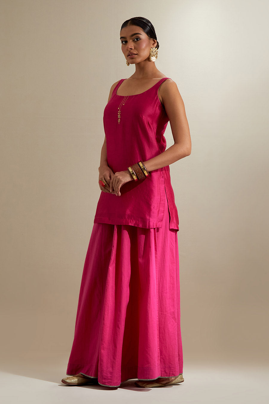 Hot Pink Chanderi Embroidered Sharara Set