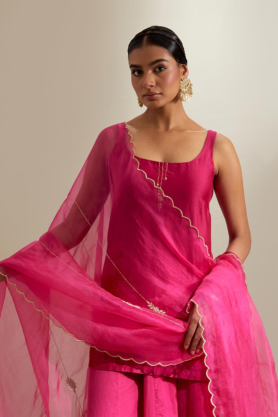 Hot Pink Chanderi Embroidered Sharara Set