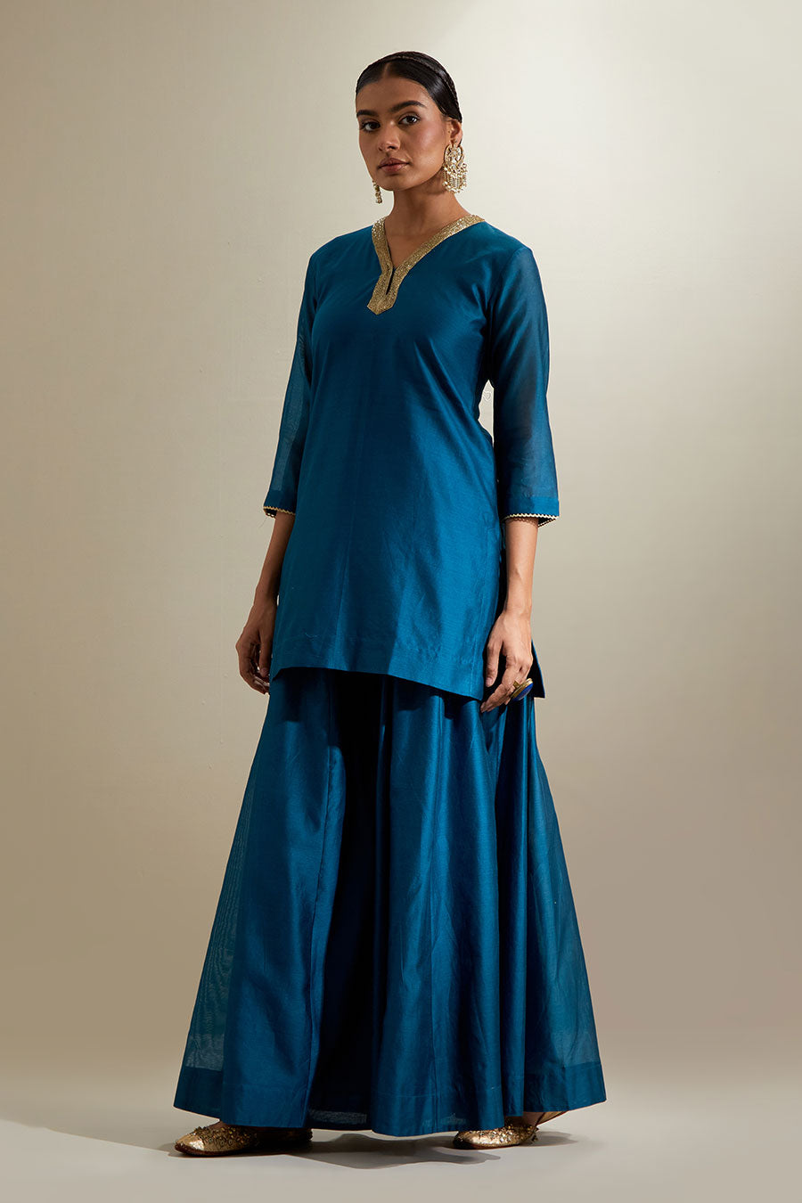 Teal Blue Chanderi Embroidered Sharara Set