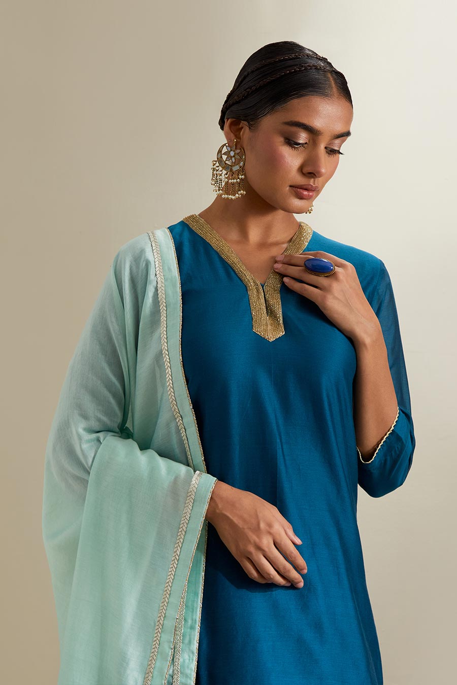 Teal Blue Chanderi Embroidered Sharara Set