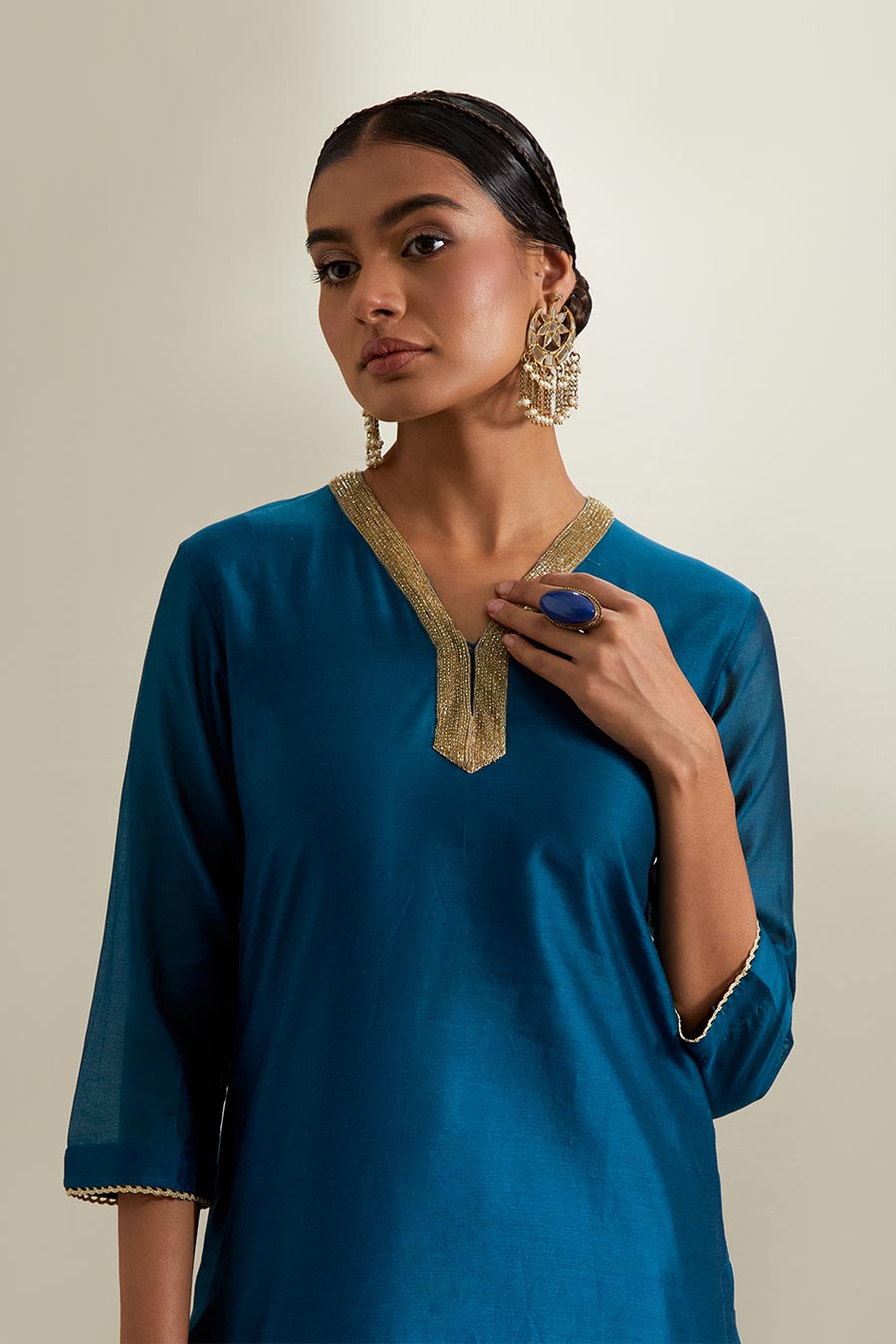 Teal Blue Chanderi Embroidered Sharara Set