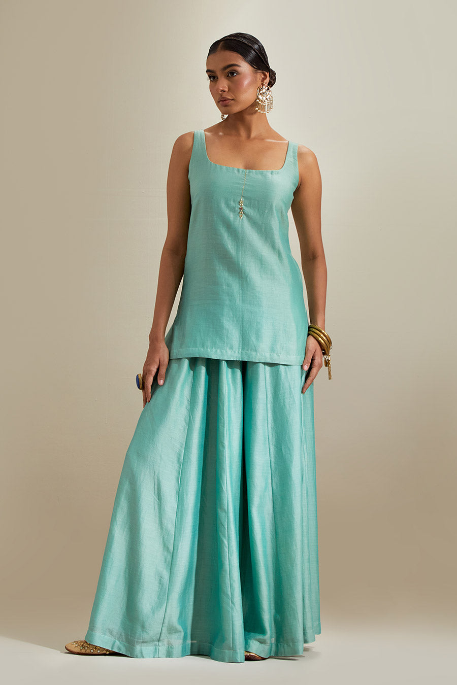 Mint Chanderi Embroidered Sharara Set