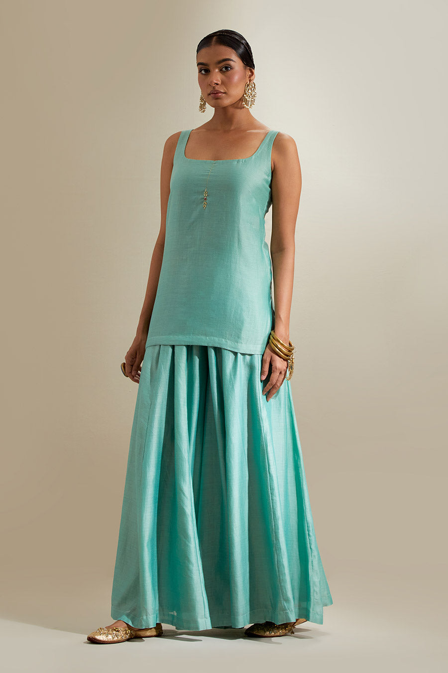 Mint Chanderi Embroidered Sharara Set