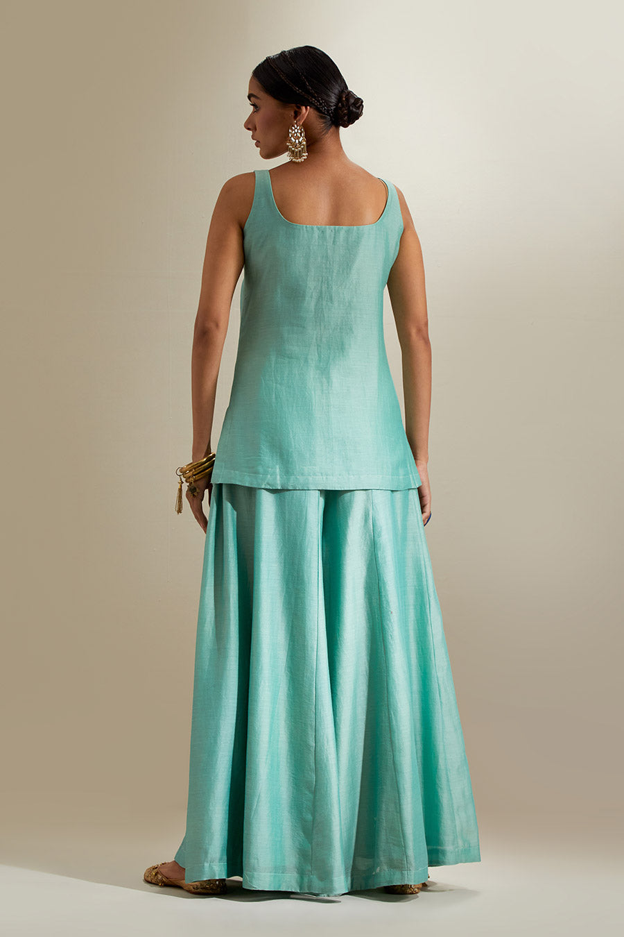 Mint Chanderi Embroidered Sharara Set