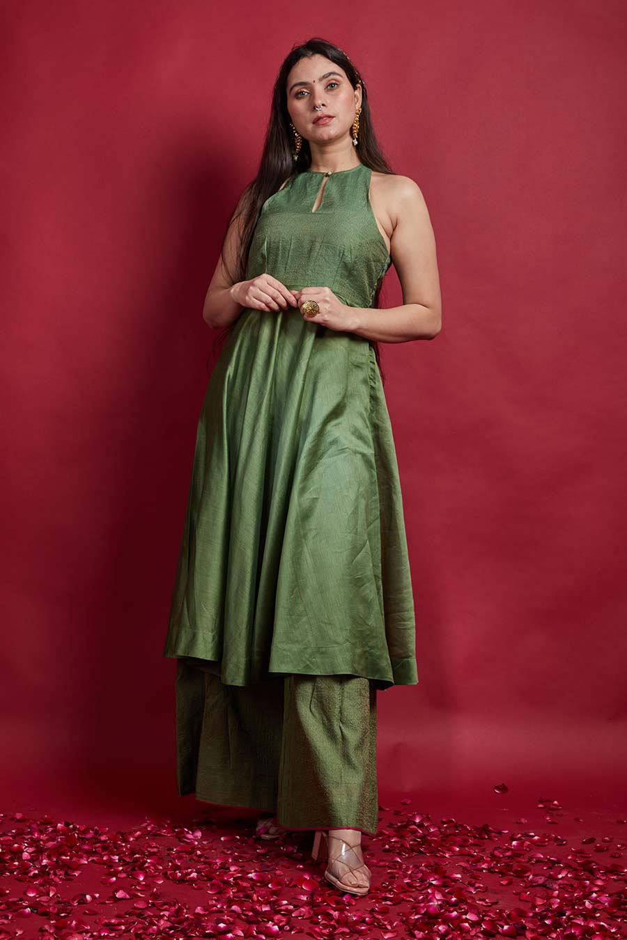 Olive Green Halterneck Anarkali & Palazzo Set