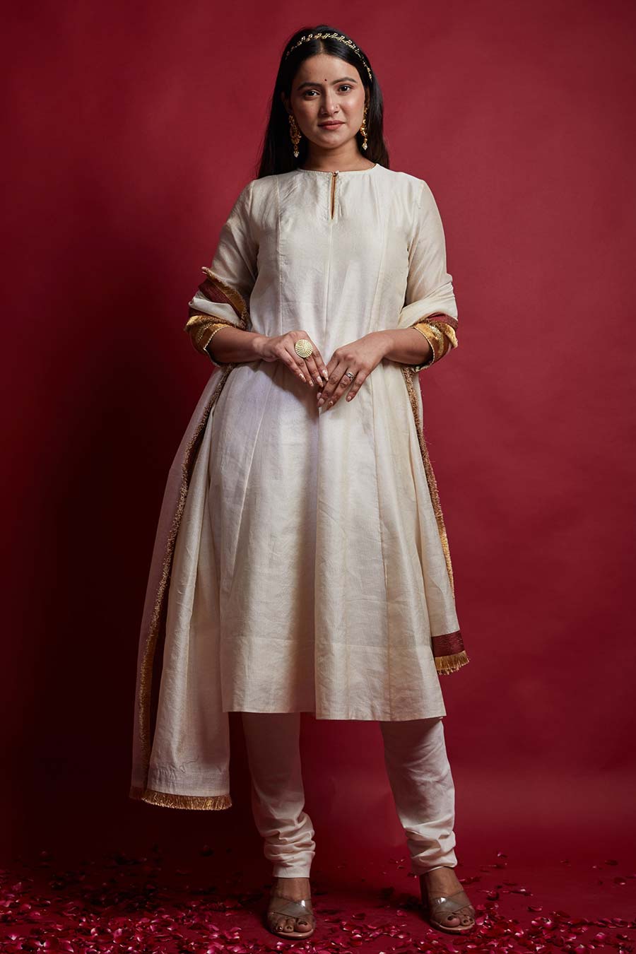 Ivory & Gold Stripes Anarkali & Churidaar Pyjama Set