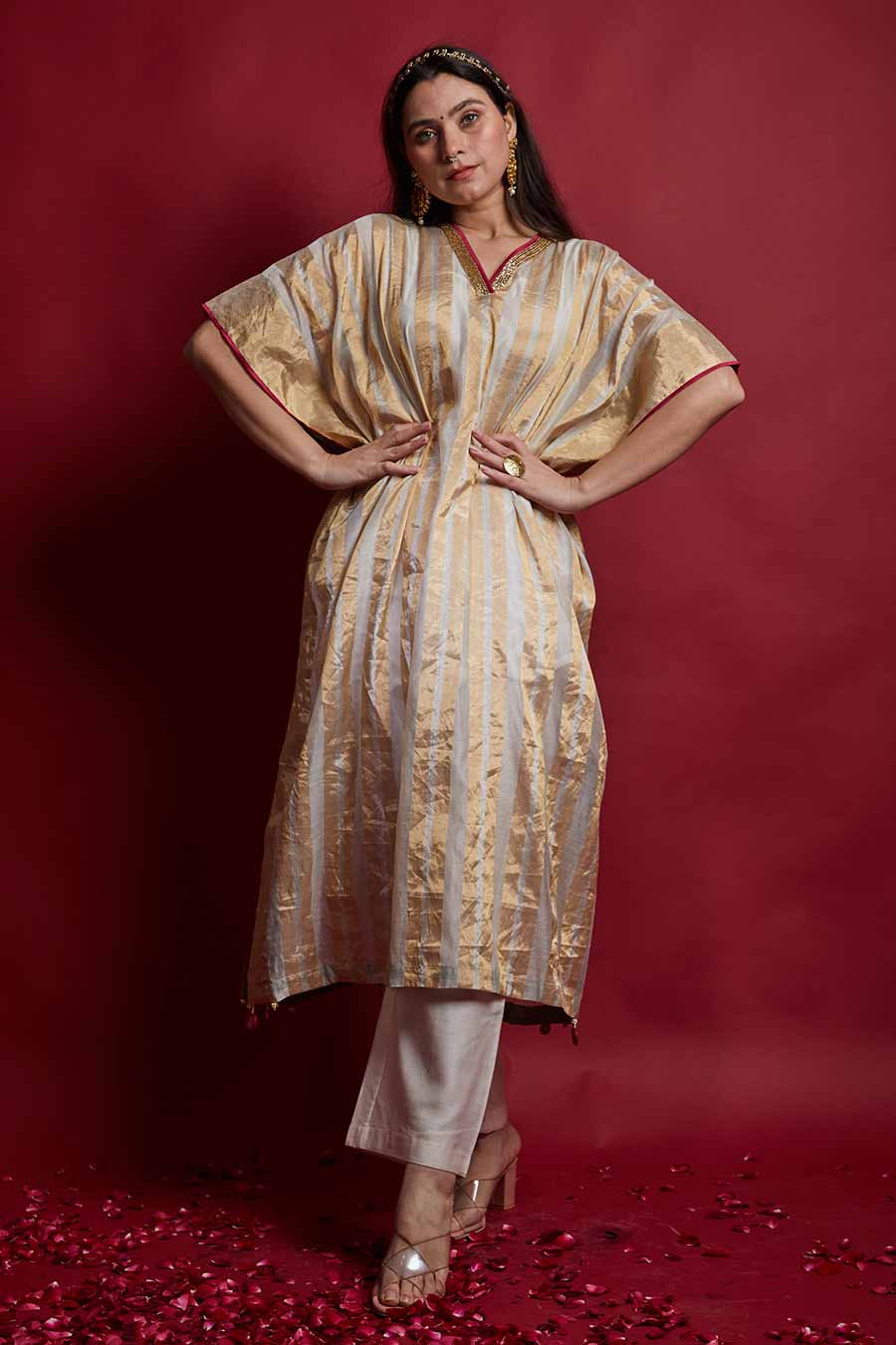 Gold Zari Stripe Kaftan & Pant Set