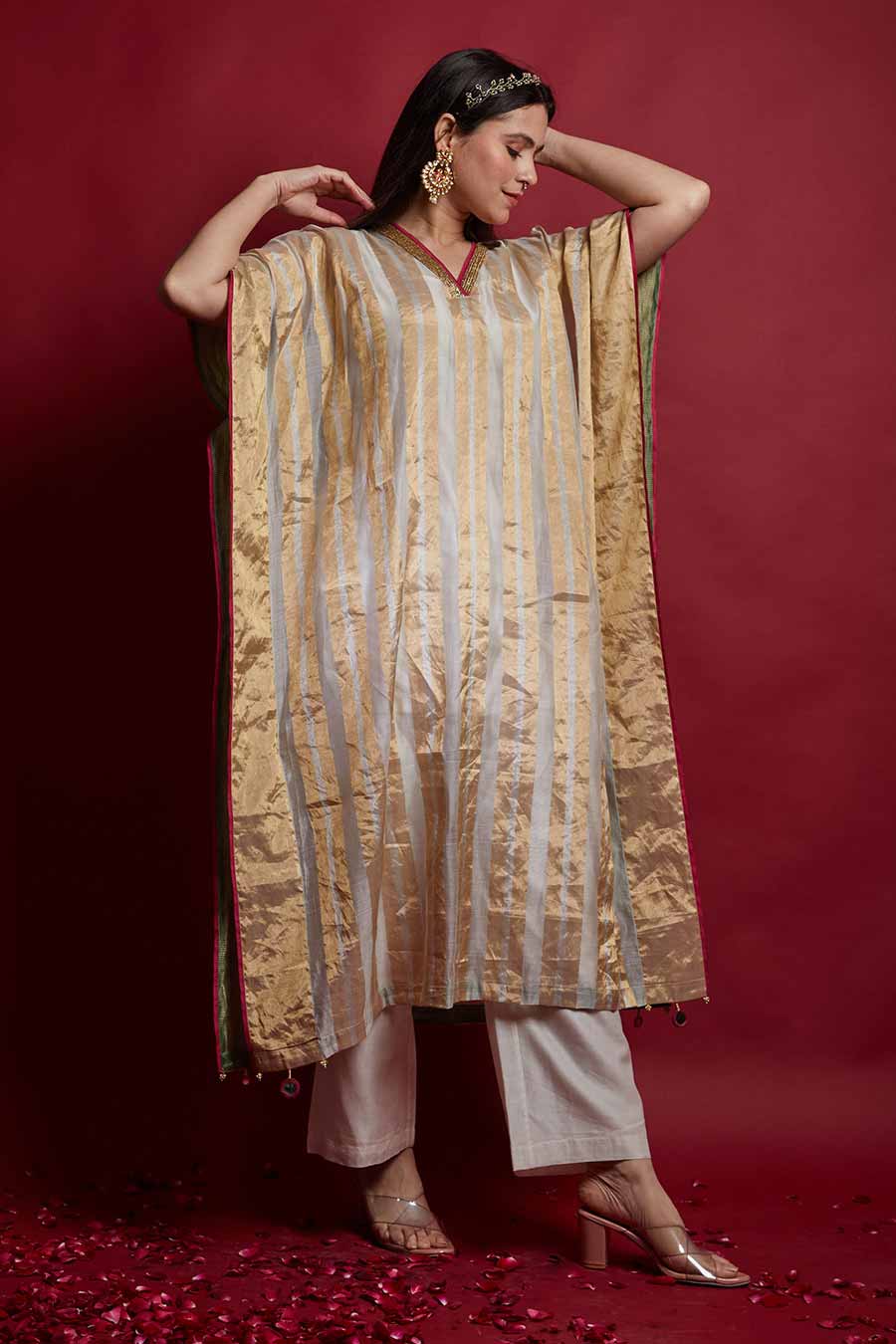 Gold Zari Stripe Kaftan & Pant Set