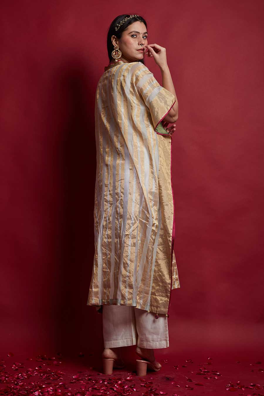 Gold Zari Stripe Kaftan & Pant Set