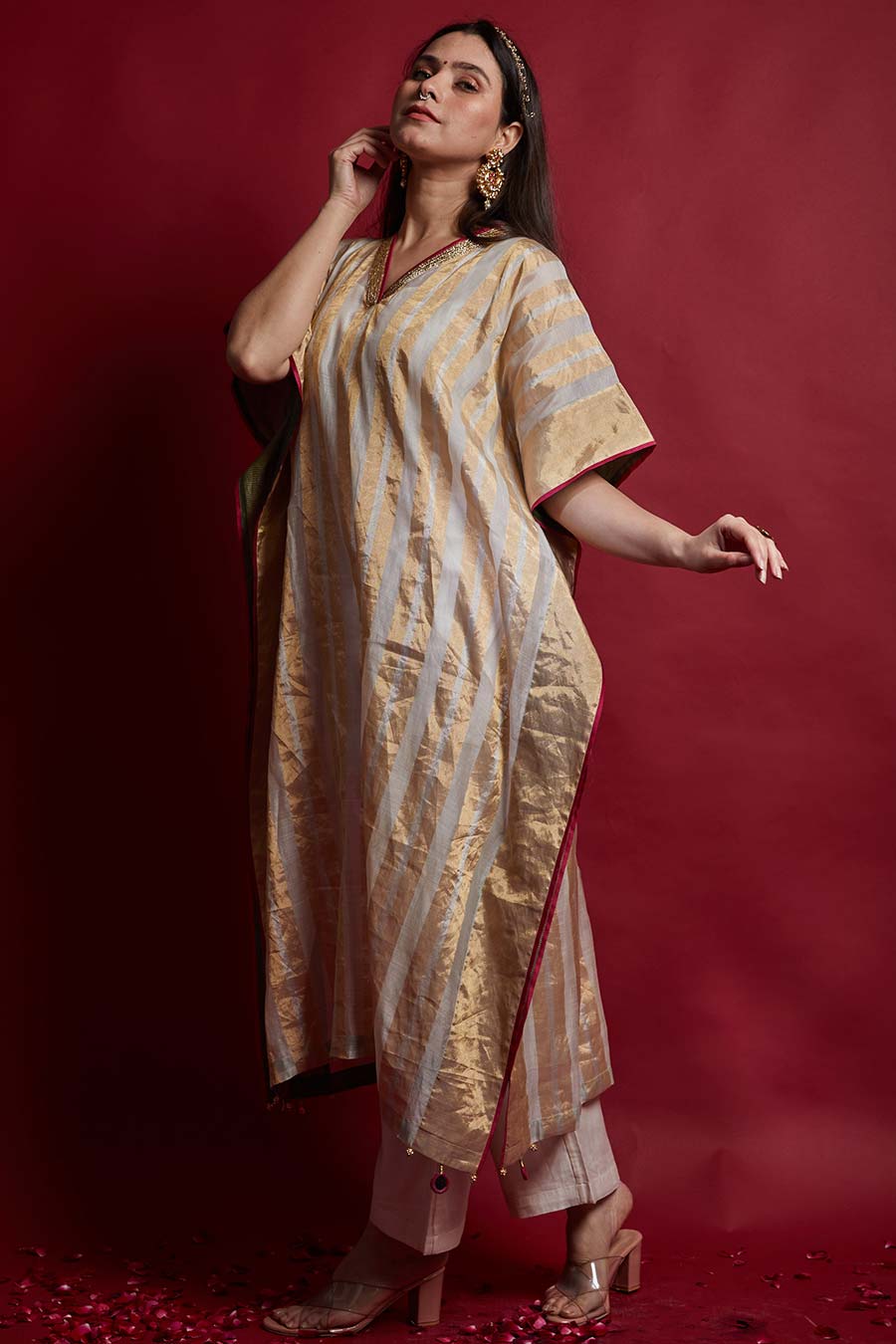 Gold Zari Stripe Kaftan & Pant Set