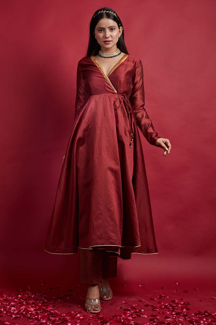 Maroon Anarkali Kurta & Pinstripe Pant Set