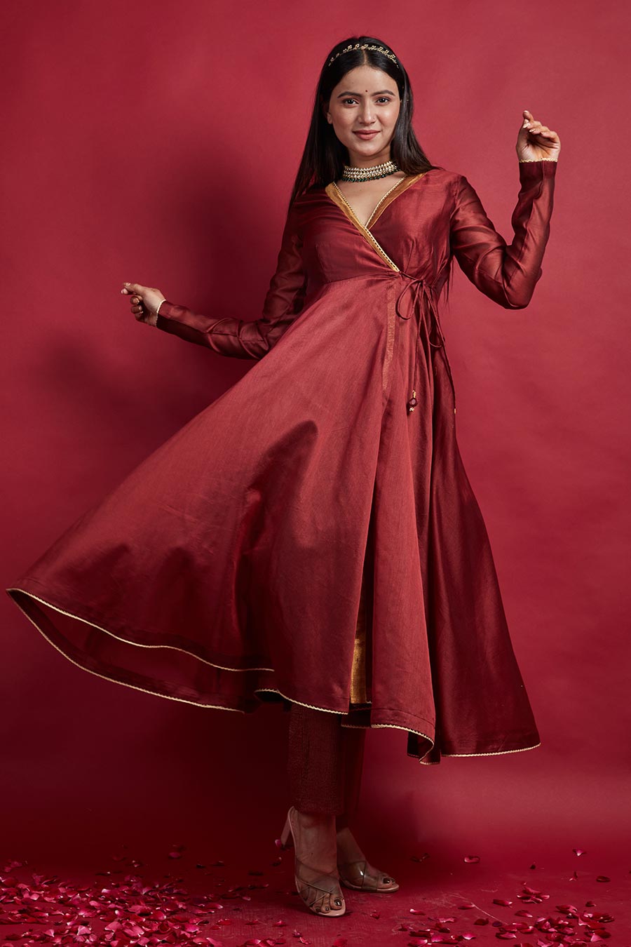 Maroon Anarkali Kurta & Pinstripe Pant Set