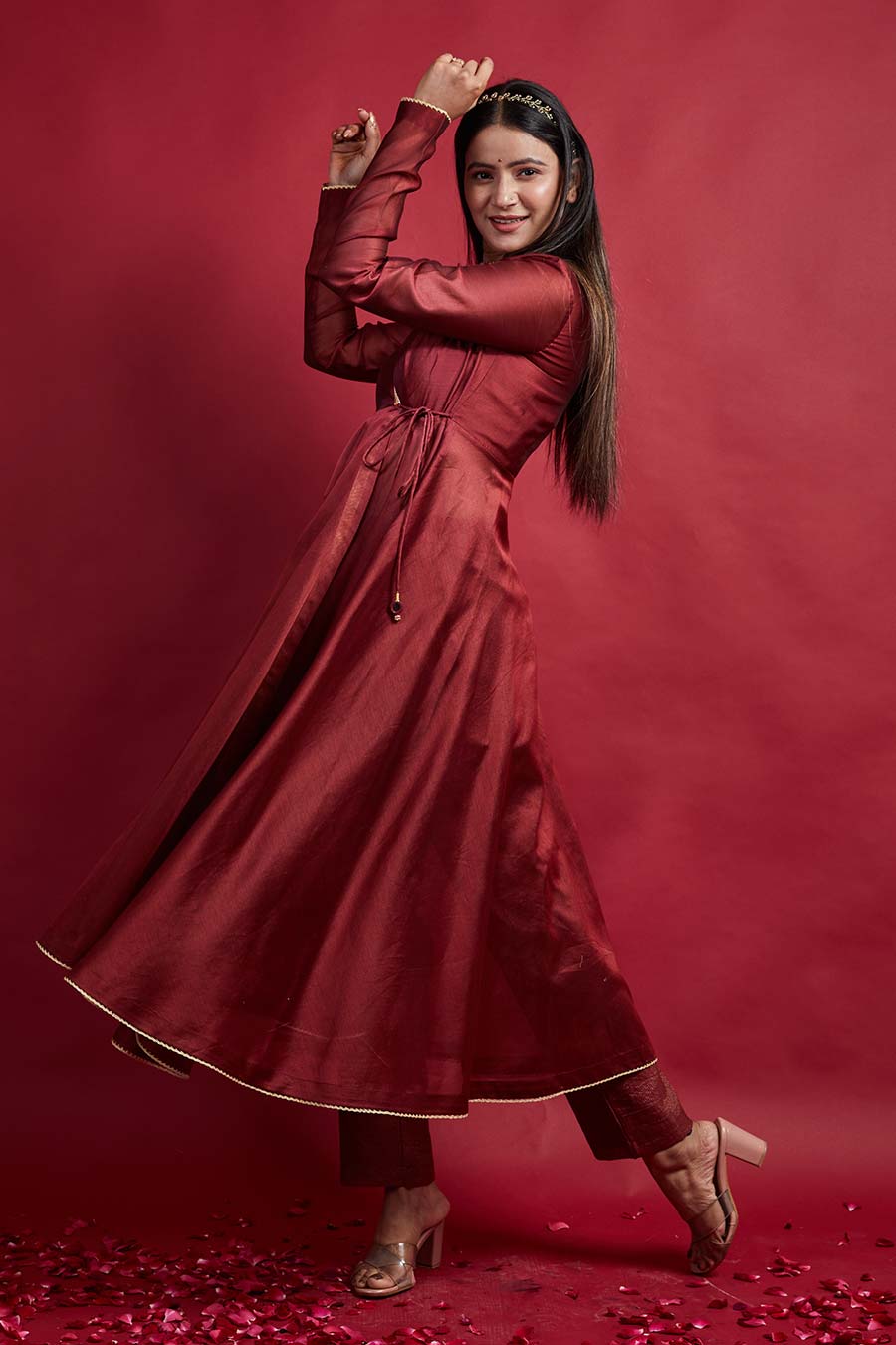 Maroon Anarkali Kurta & Pinstripe Pant Set