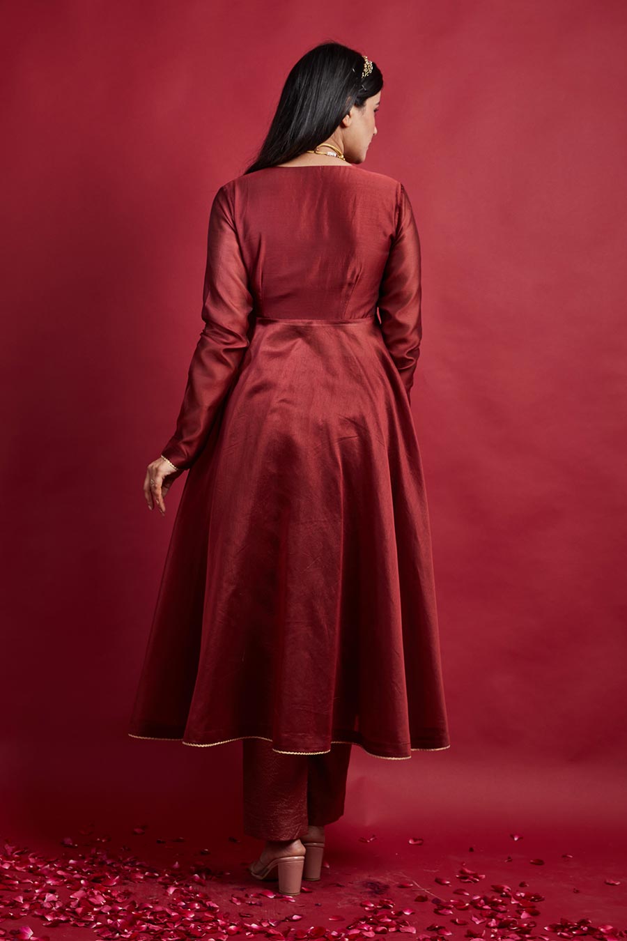 Maroon Anarkali Kurta & Pinstripe Pant Set