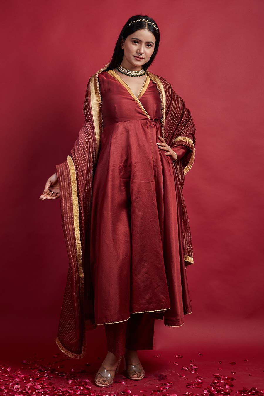 Maroon Anarkali Kurta & Pinstripe Pant Set