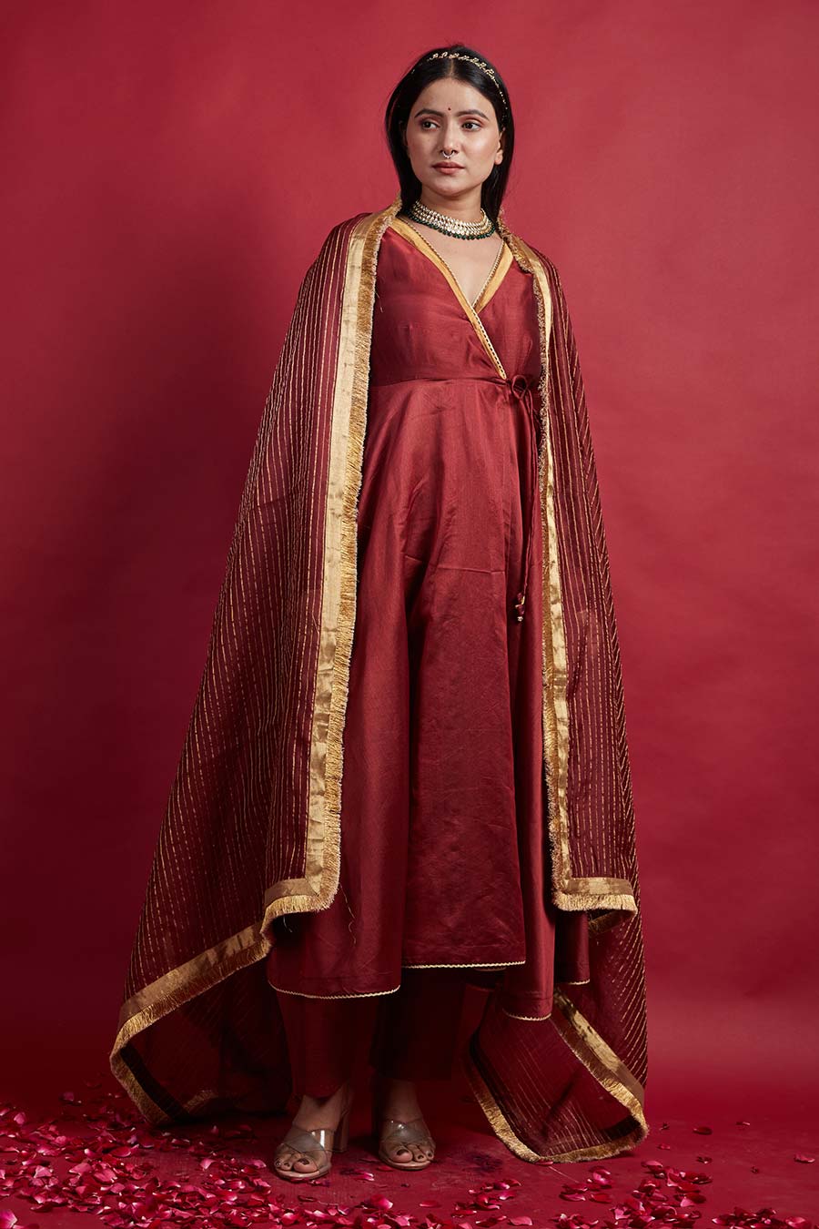 Maroon Anarkali Kurta & Pinstripe Pant Set