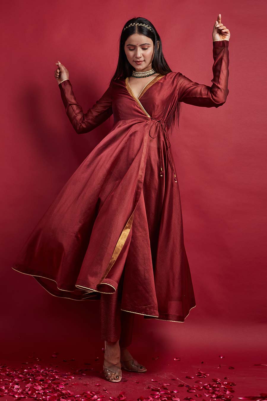 Maroon Anarkali Kurta & Pinstripe Pant Set