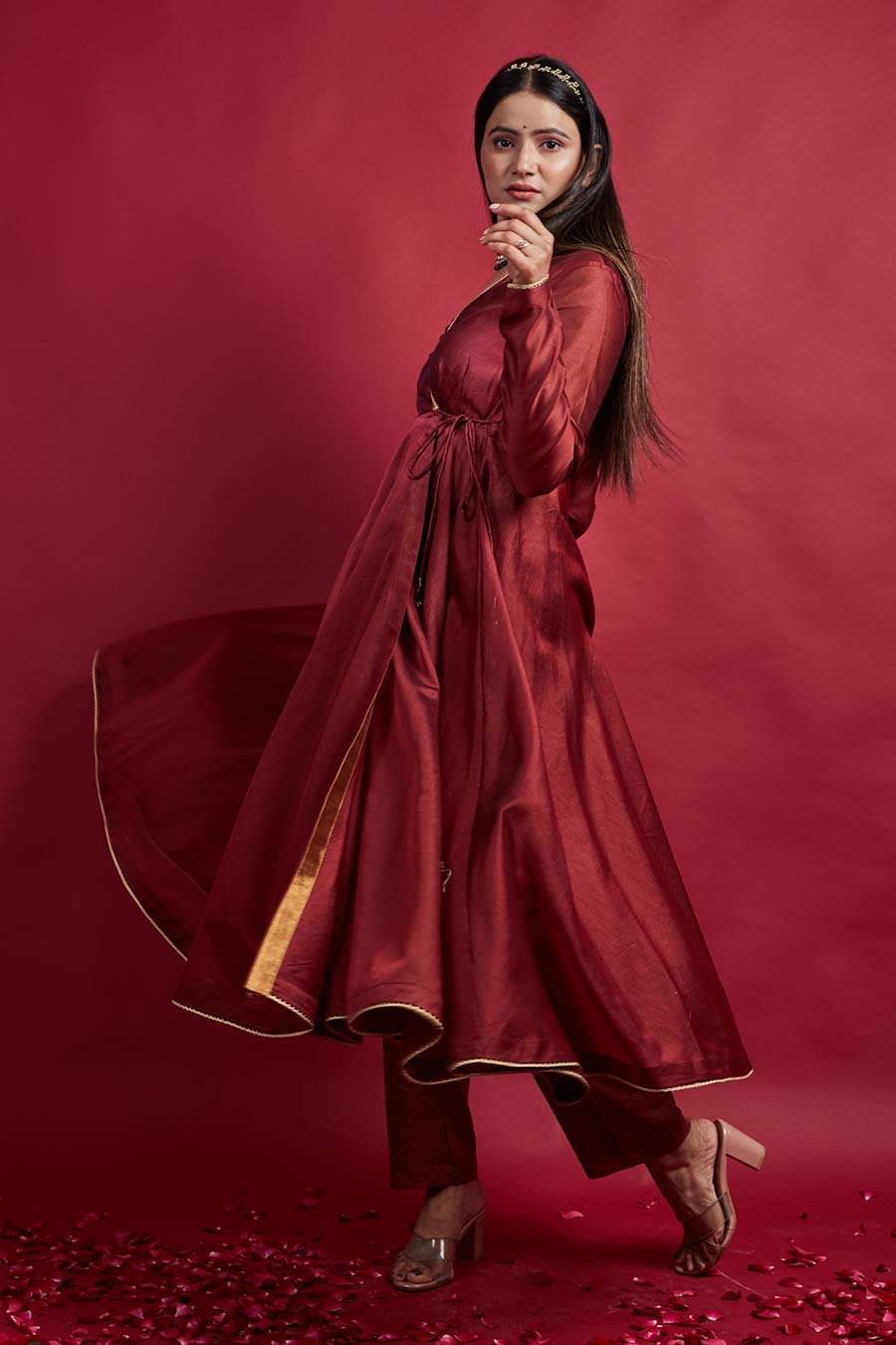 Maroon Anarkali Kurta & Pinstripe Pant Set