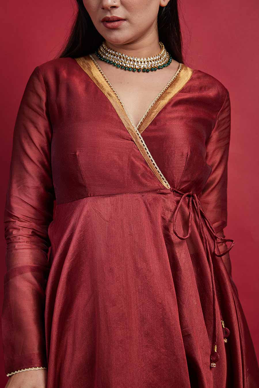 Maroon Anarkali Kurta & Pinstripe Pant Set