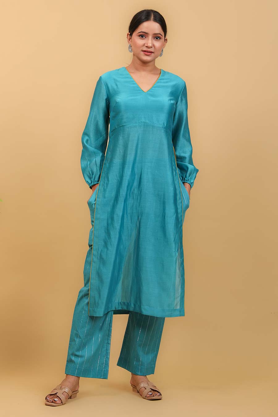 Aqua Blue High Slit Kurta & Pant Set