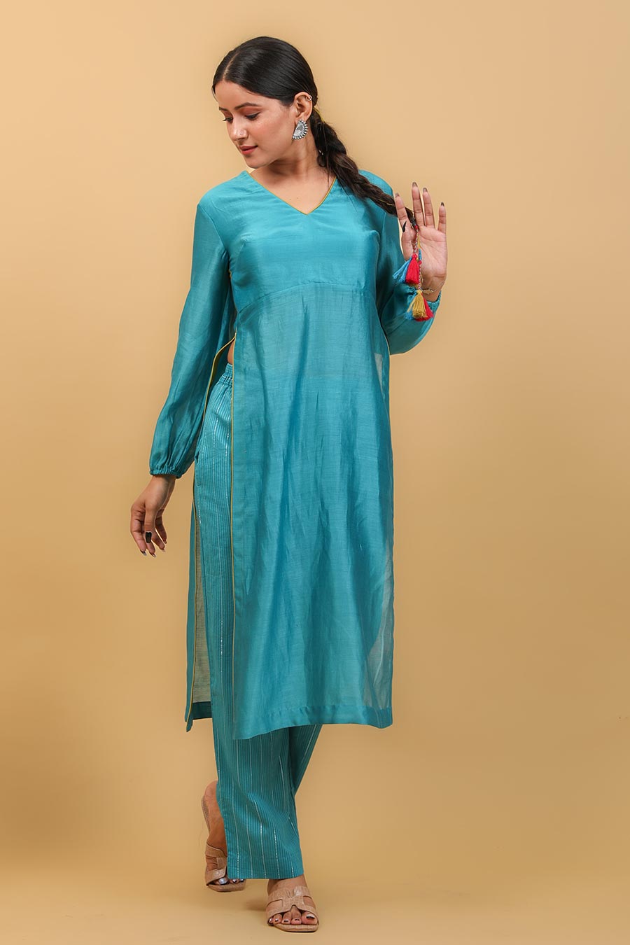 Aqua Blue High Slit Kurta & Pant Set