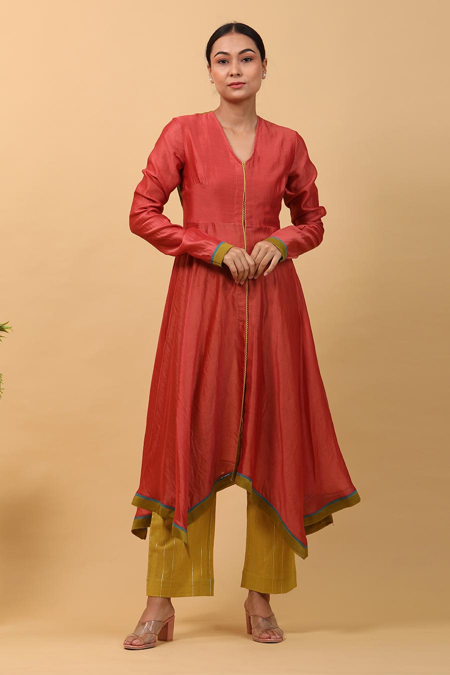 Red & Lime Asymmetric Anarkali and Pant Set
