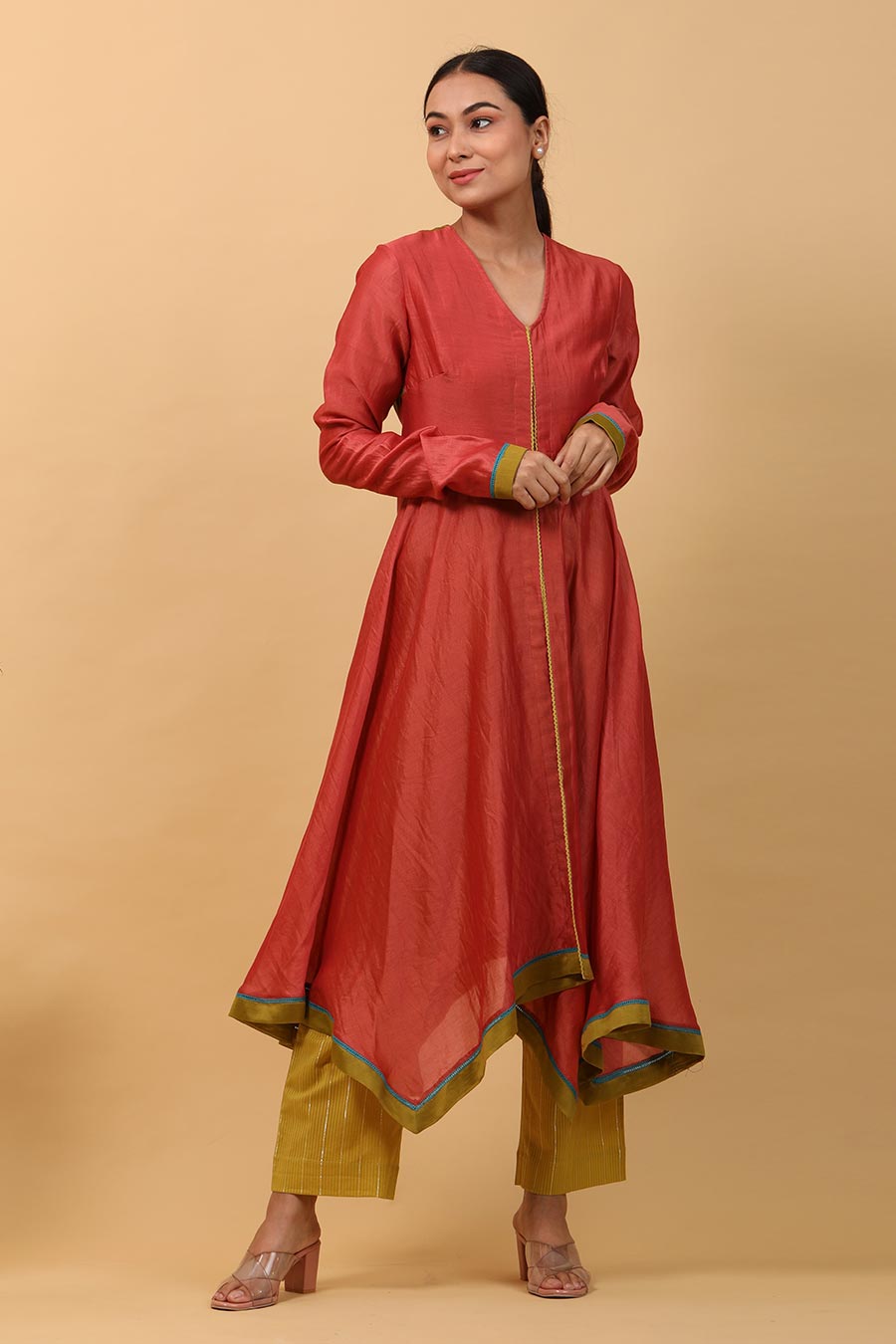 Red & Lime Asymmetric Anarkali and Pant Set