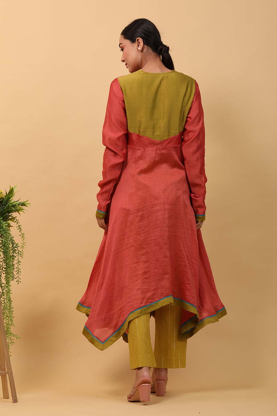 Red & Lime Asymmetric Anarkali and Pant Set