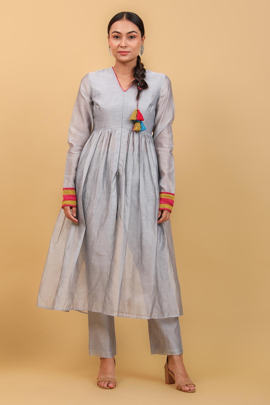 Grey & Lime Yellow Anarkali & Pant Set