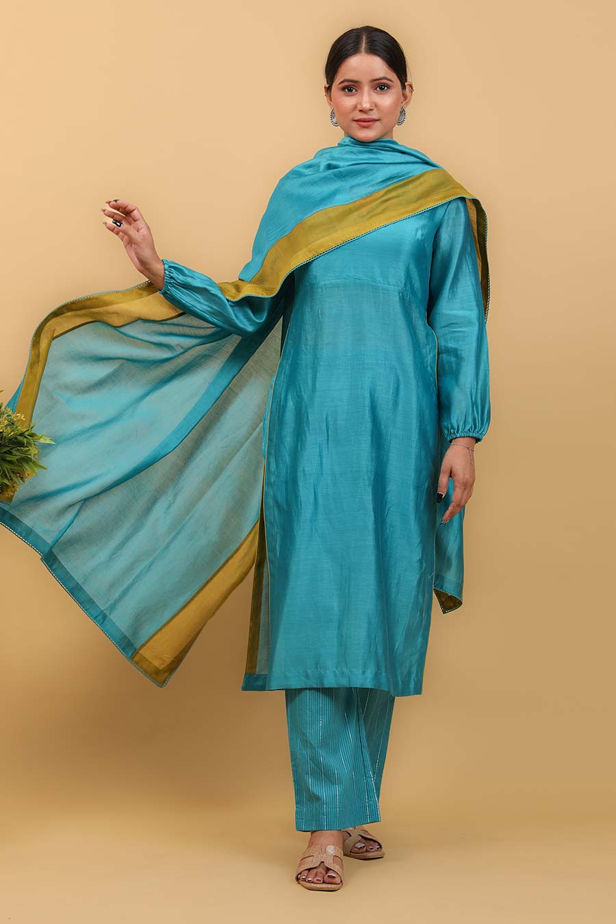 Aqua Blue High Slit Kurta Set