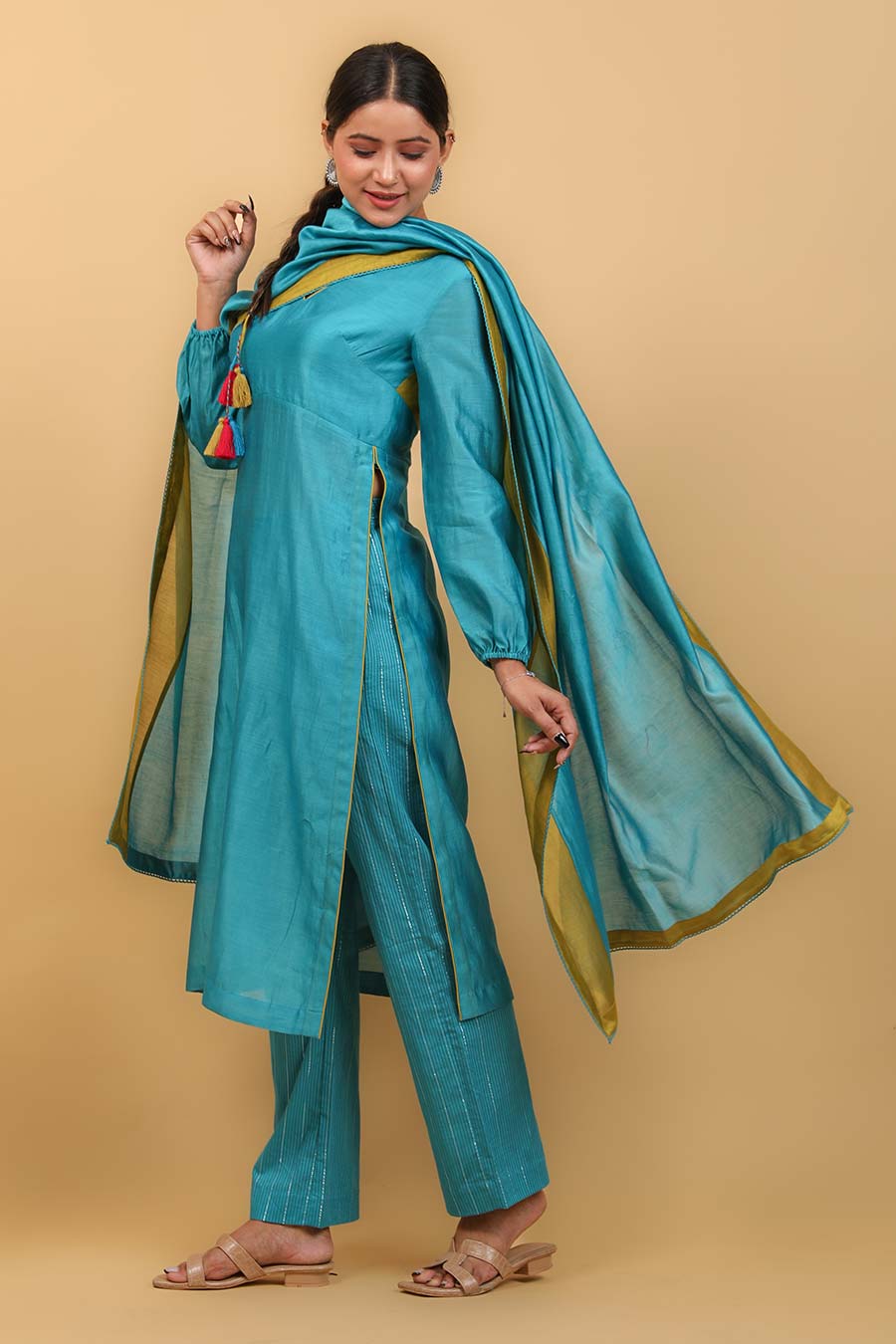 Aqua Blue High Slit Kurta Set