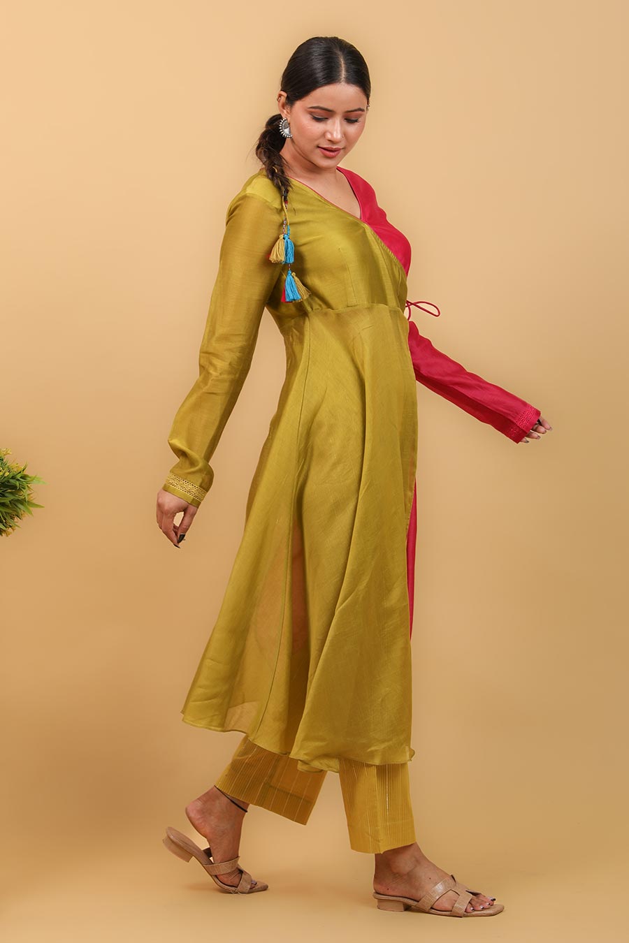 Lime Yellow & Pink Anarkali Set