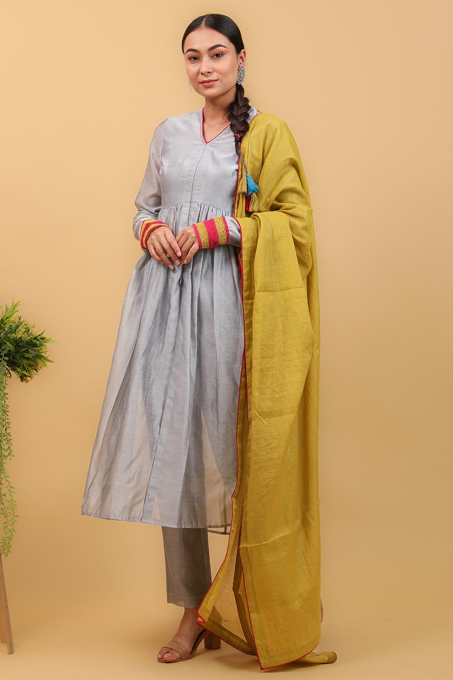 Grey & Lime Yellow Anarkali Kurta Set