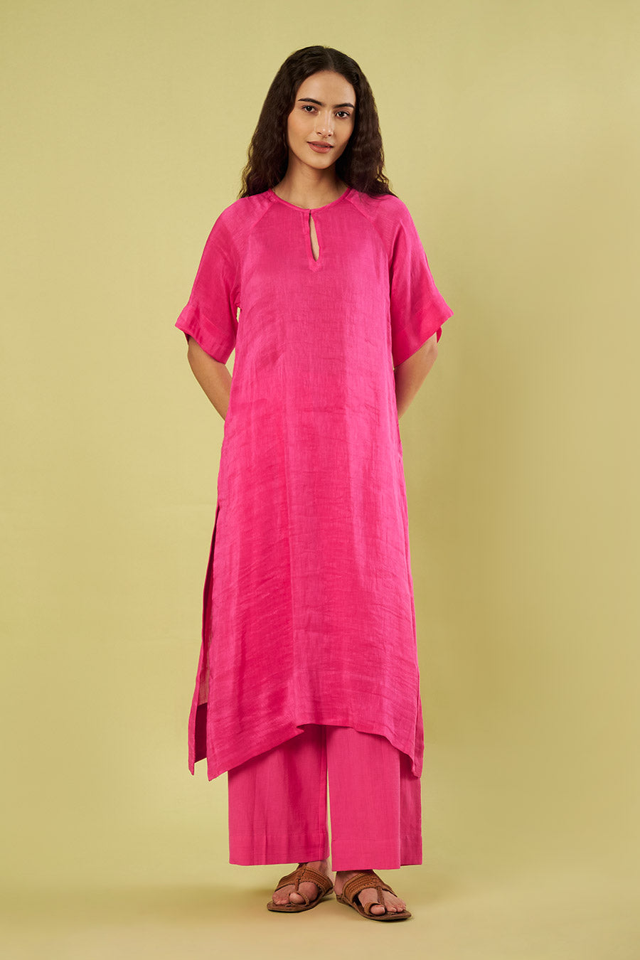 Pink Linen Silk Kurta & Khadi Pants Co-Ord Set