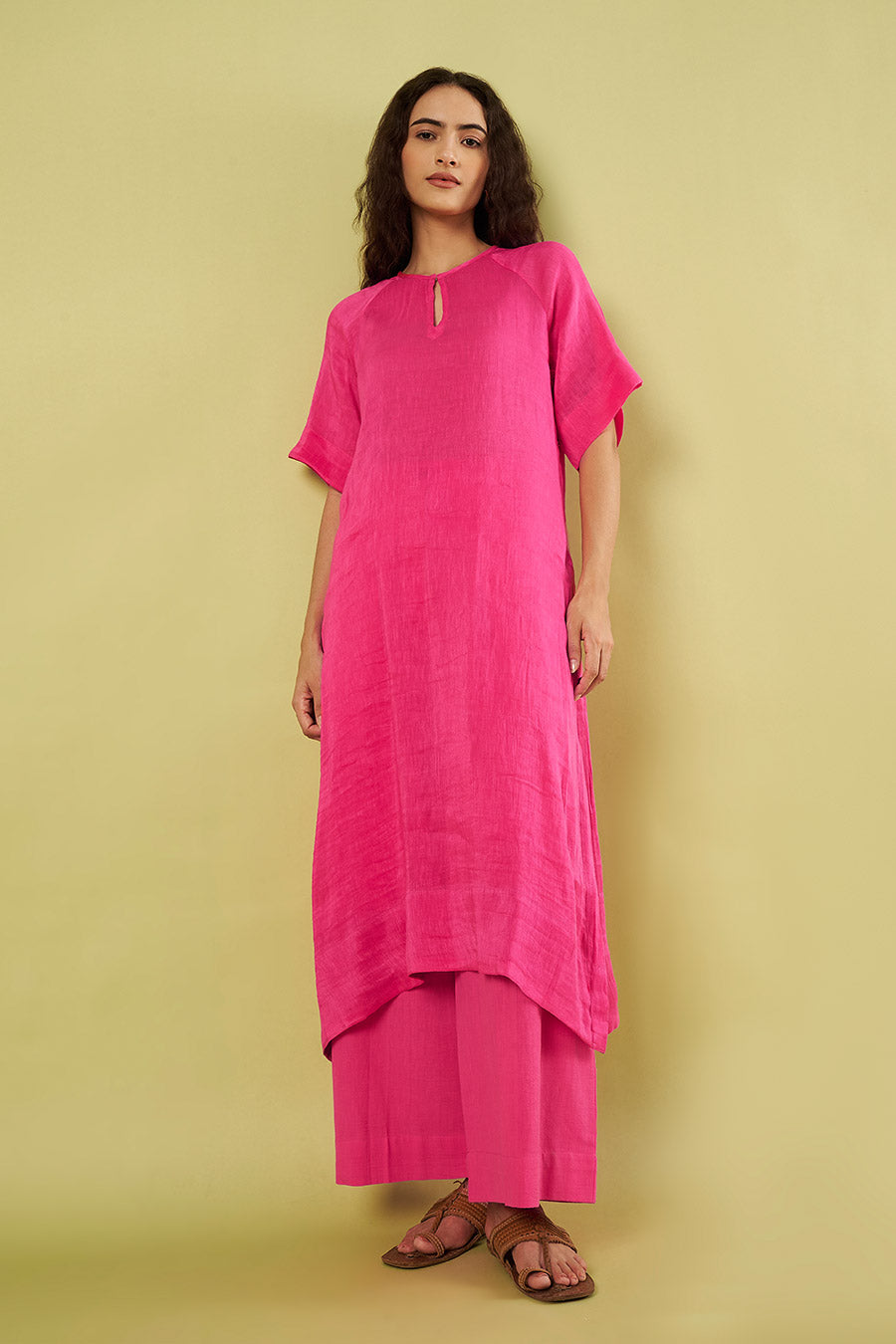 Pink Linen Silk Kurta & Khadi Pants Co-Ord Set