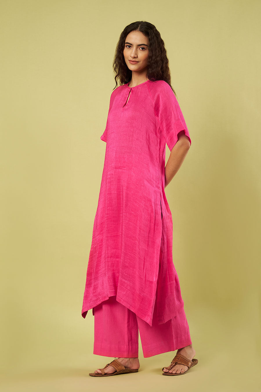 Pink Linen Silk Kurta & Khadi Pants Co-Ord Set