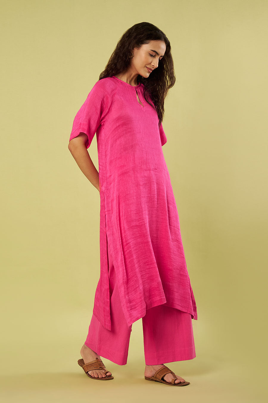 Pink Linen Silk Kurta & Khadi Pants Co-Ord Set