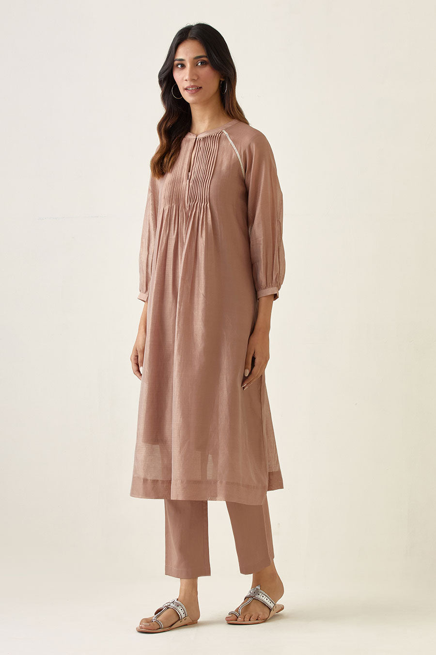 Taupe Raglan Sleeve Pin Tuck Kurta & Pant Set