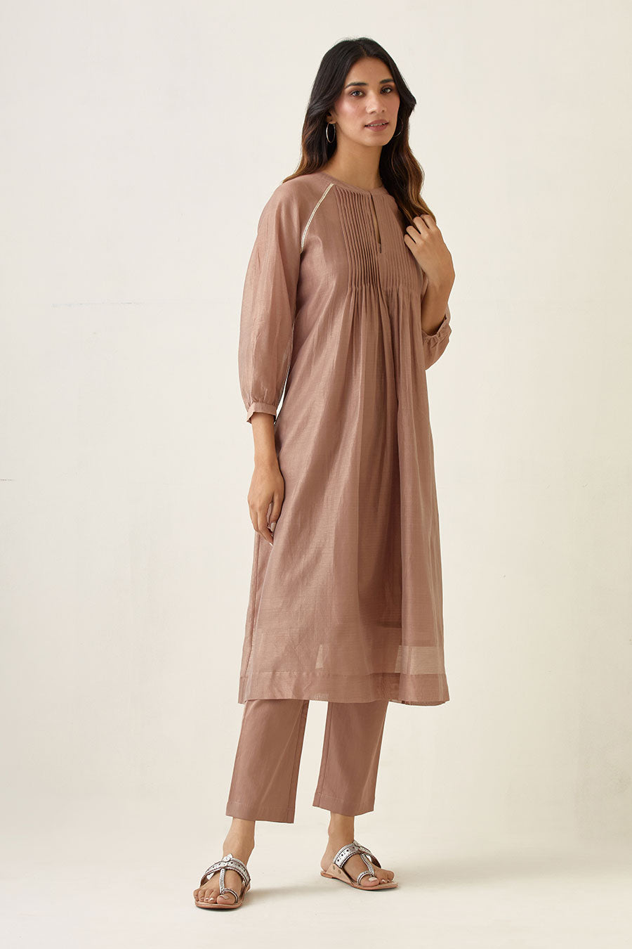 Taupe Raglan Sleeve Pin Tuck Kurta & Pant Set