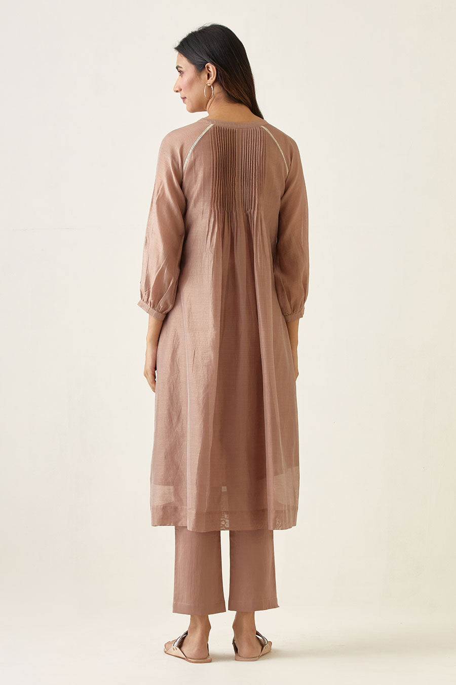 Taupe Raglan Sleeve Pin Tuck Kurta & Pant Set