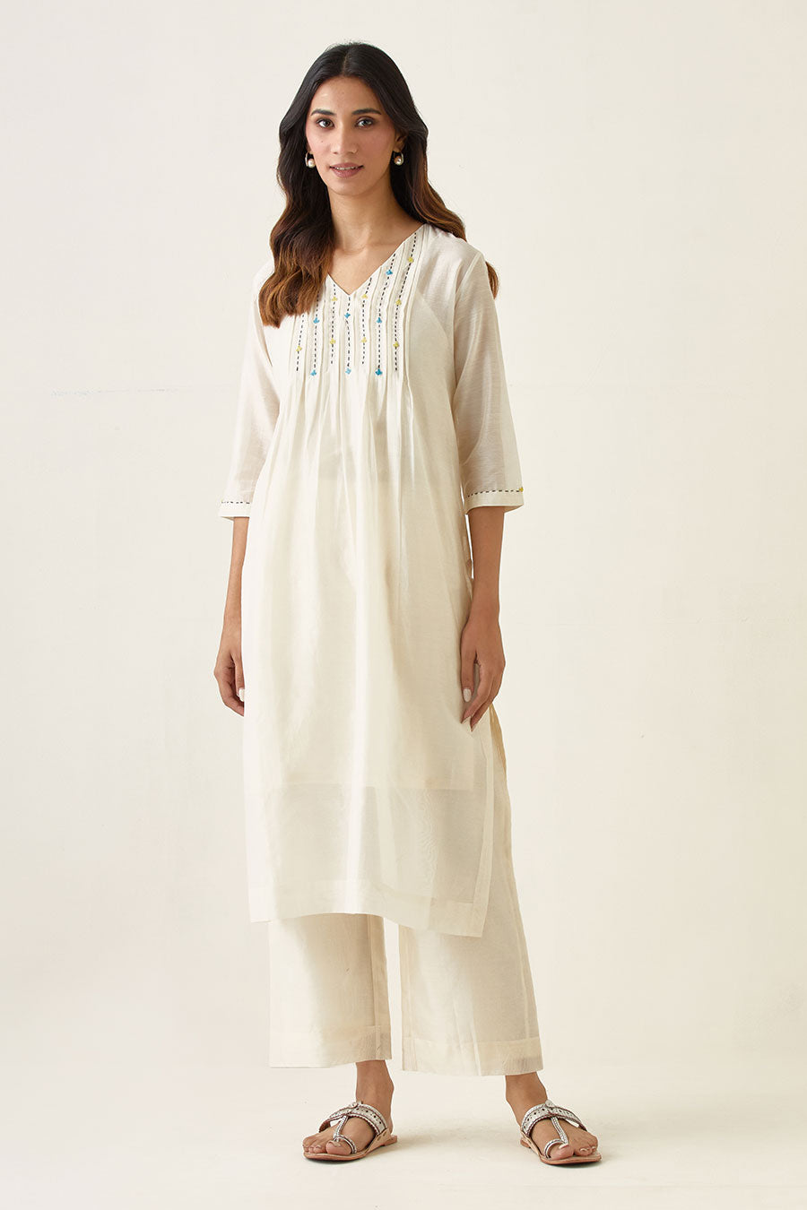 Off-White Pin Tuck Embroidered Kurta & Pant Set