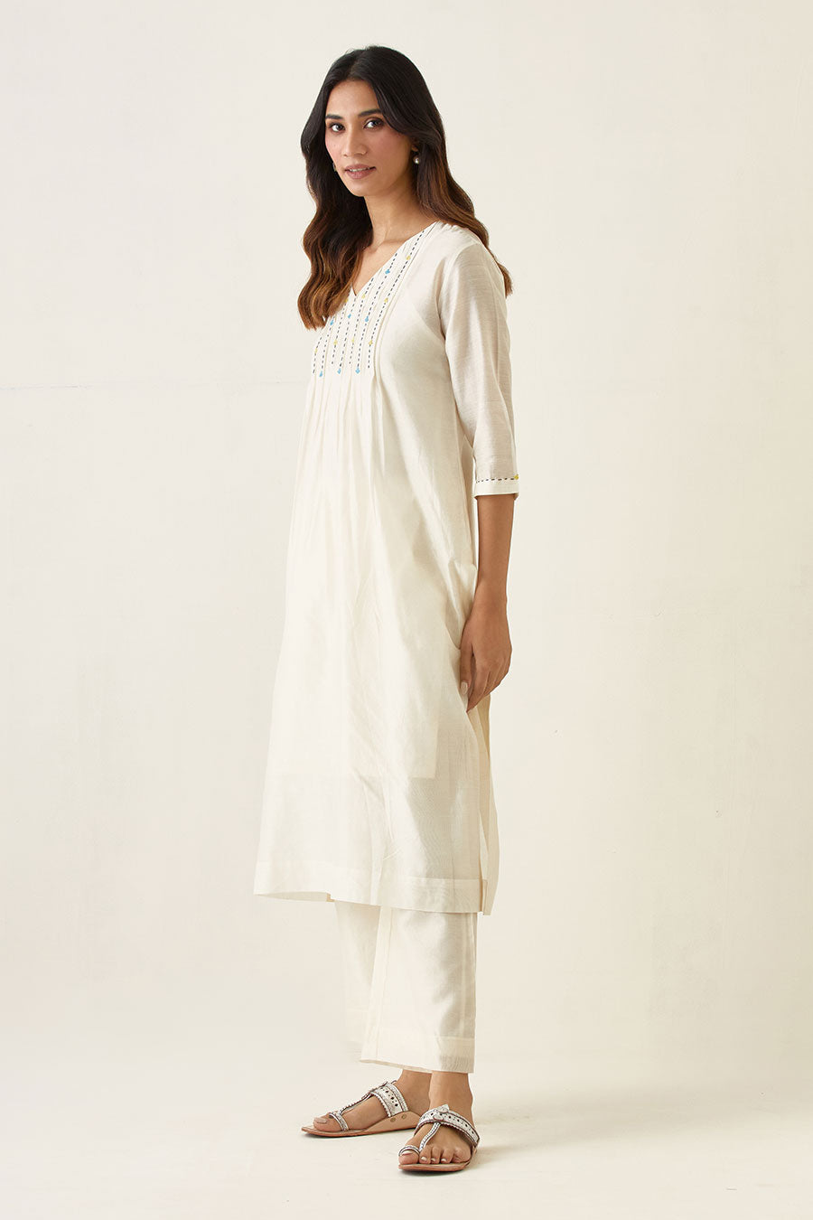 Off-White Pin Tuck Embroidered Kurta & Pant Set