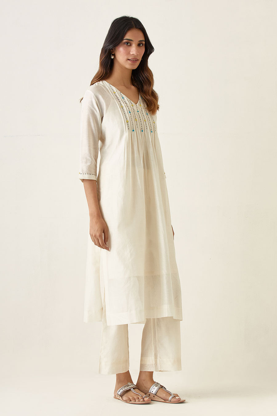 Off-White Pin Tuck Embroidered Kurta & Pant Set