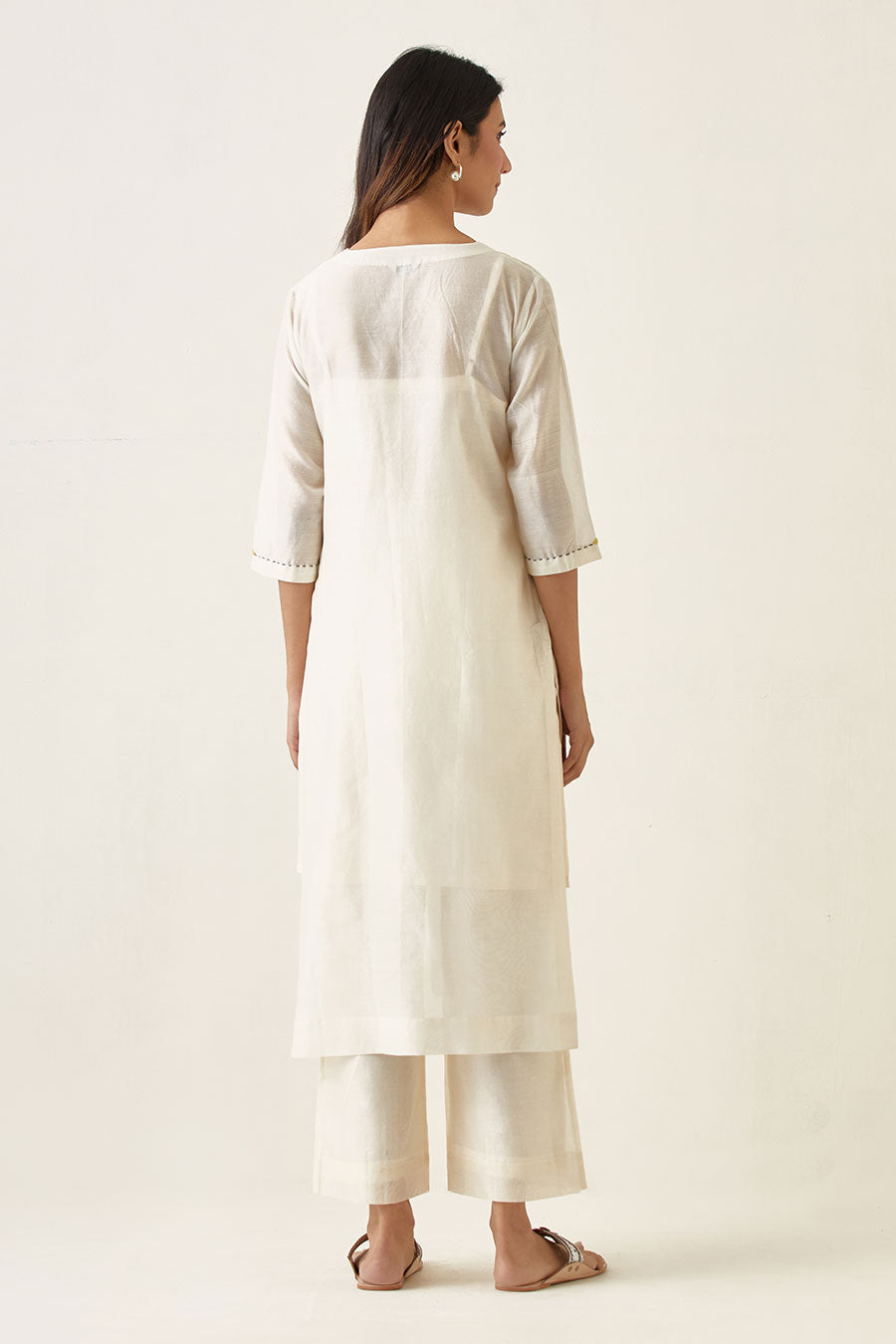 Off-White Pin Tuck Embroidered Kurta & Pant Set